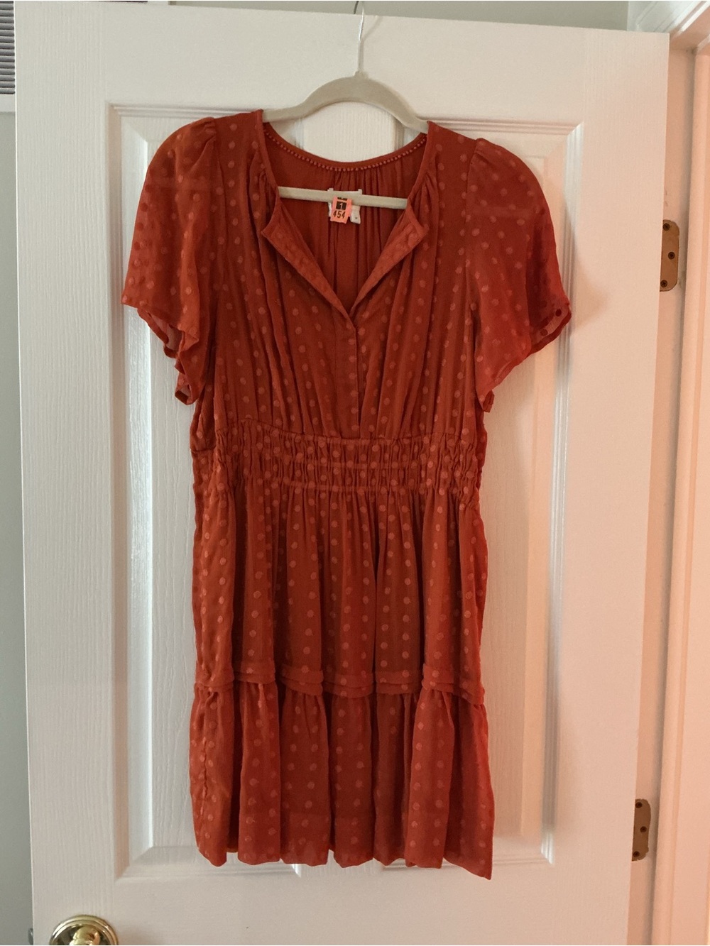 Anthropologie Rust Orange Dot-Textured Short-Sleeve Dress